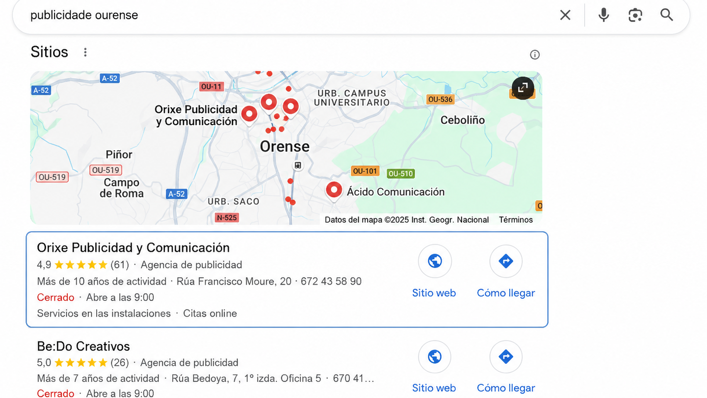 Búsqueda en Google Maps de publicidade Ourense con Orixe como primera opción