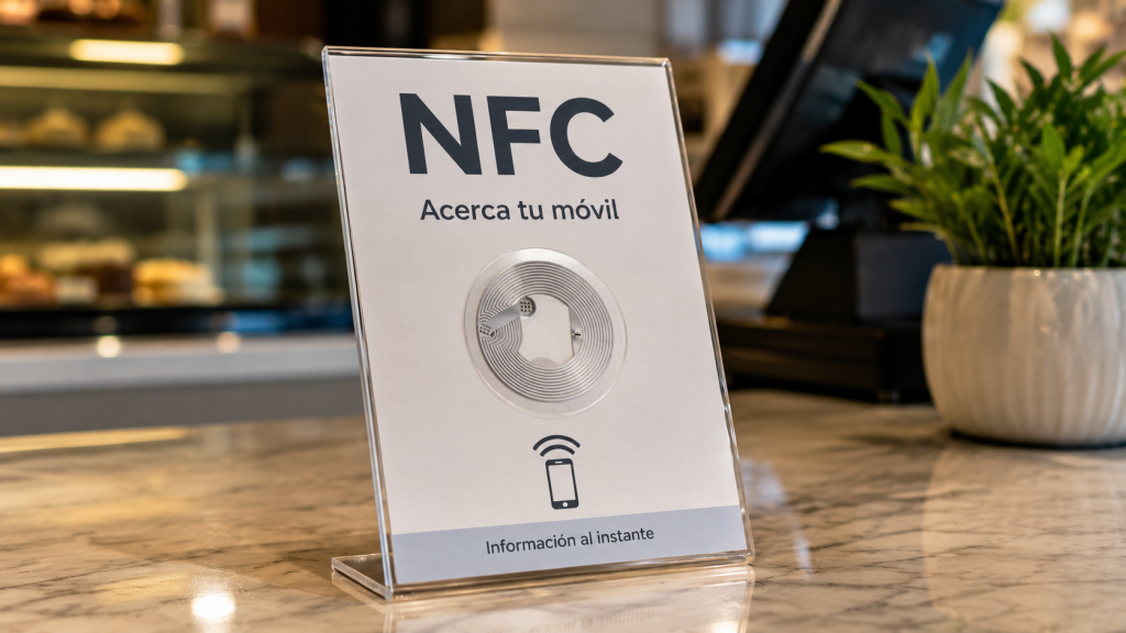 Expositor NFC de mostrador para que los clientes acerquen el móvil