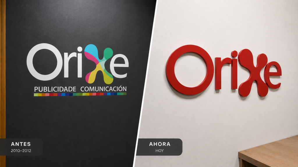 Comparativa del rebranding de Orixe Publicidade en Ourense con la imagen anterior y la nueva identidad visual