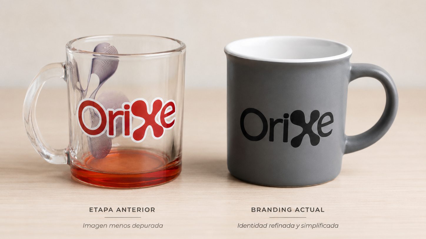 Comparativa de branding de Orixe Publicidade en tazas corporativas, etapa anterior y branding actual