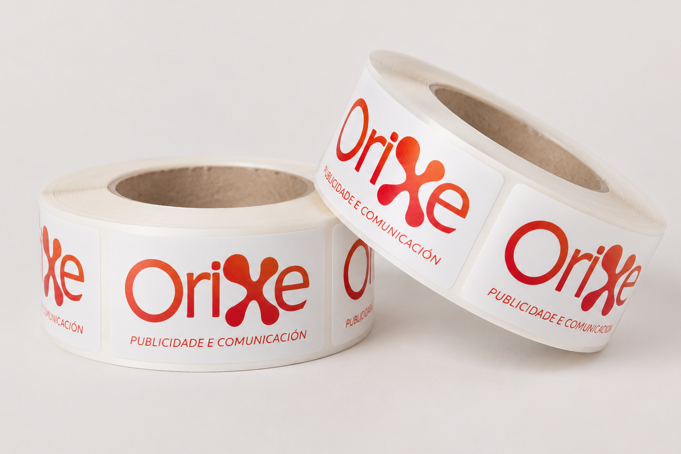 obinas de etiquetas adhesivas de Orixe Publicidade con el logotipo corporativo repetido