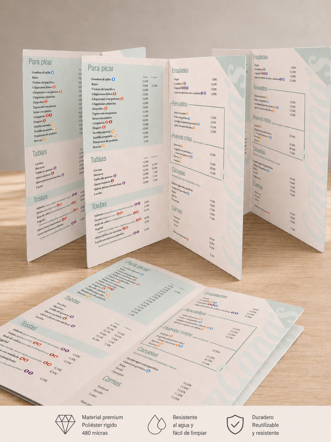 Cartas de restaurante en poliéster rígido 480 micras Cartas de restaurante en poliéster impresas en Ourense