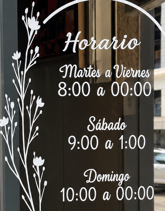 Horario decorativo en vinilo blanco Horario comercial decorativo en vinilo de corte blanco instalado en cristal en Ourense
