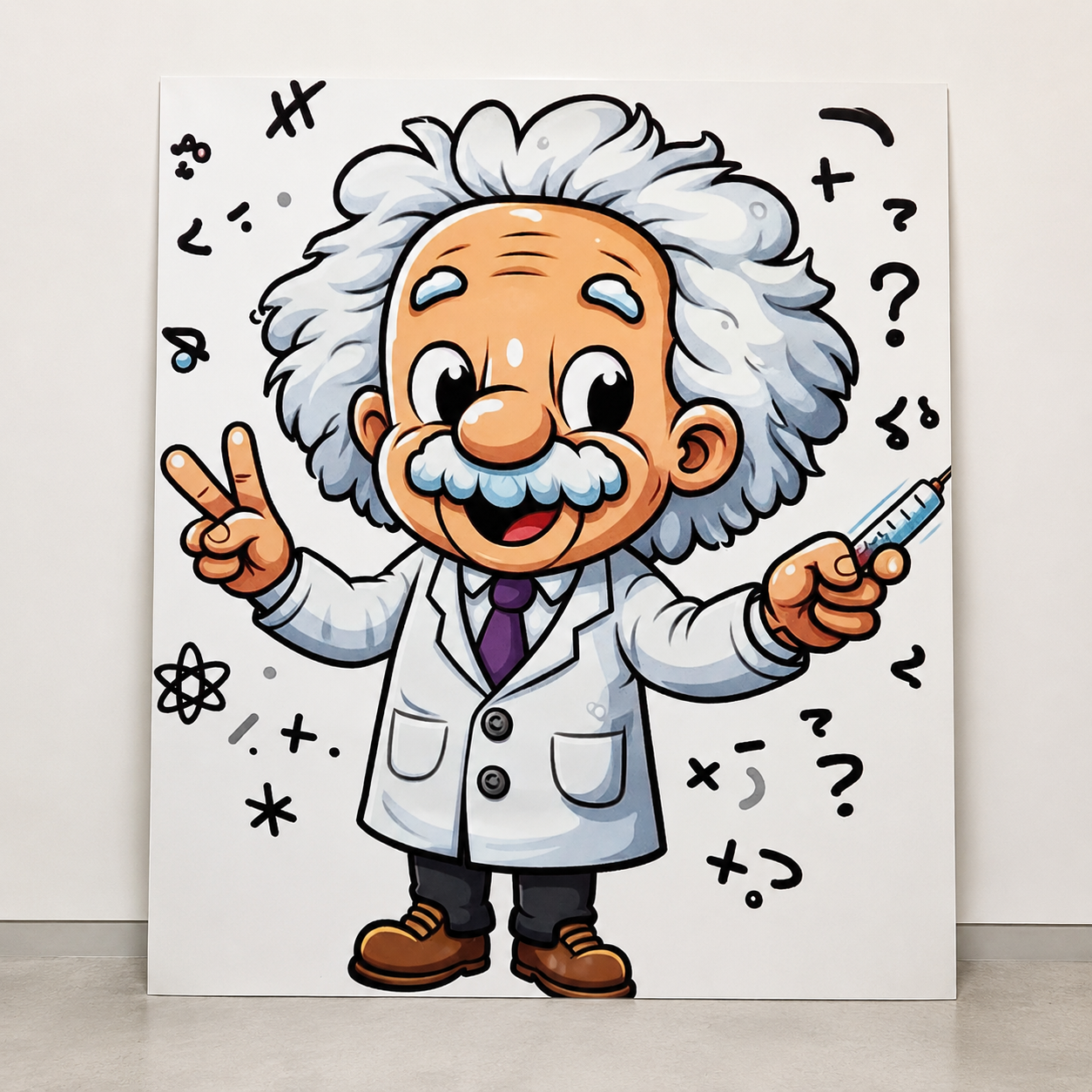 Panel ilustrado de científico einstein Panel impreso con ilustración caricaturesca de científico, preparado como soporte visual decorativo o educativo.